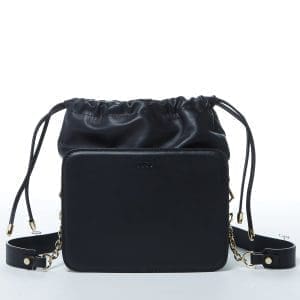 SUSU Patricia Black Leather Shoulder Bag - Drawstring