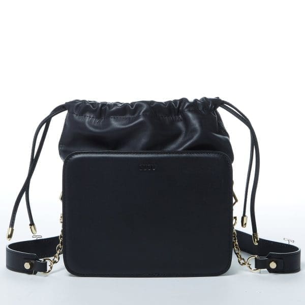 SUSU Patricia Black Leather Shoulder Bag - Drawstring