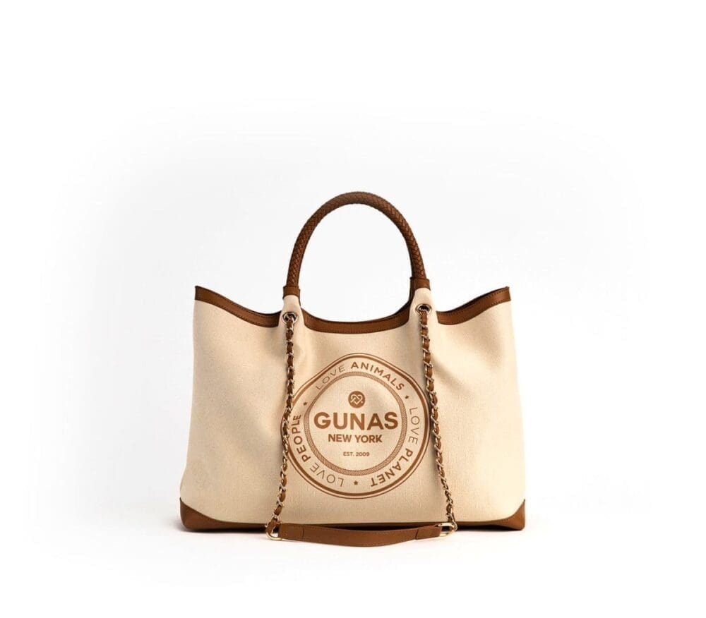 Gunas New York Ruth Off White Tan Vegan Canvas Tote