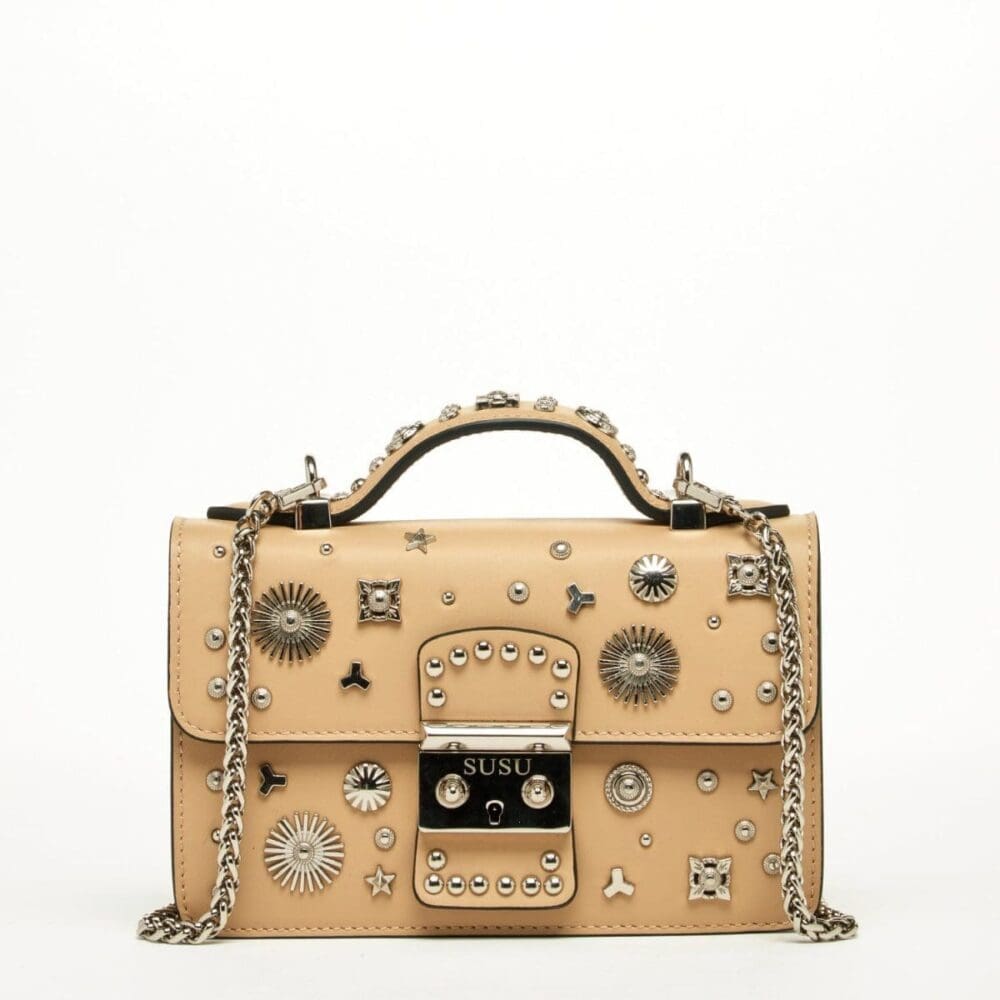 Susu The Hollywood Beige Leather Crossbody Bag Studded