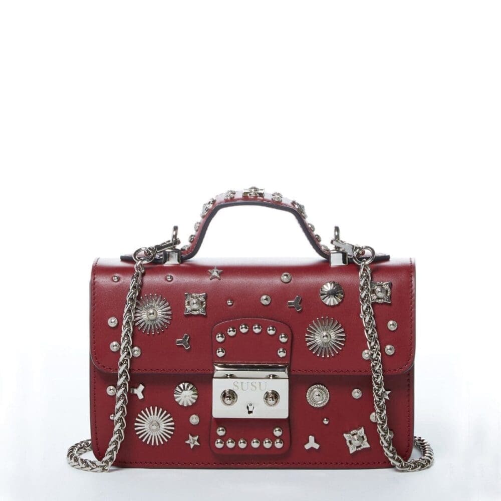 Susu The Hollywood Burgundy Studded Leather Crossbody Bag