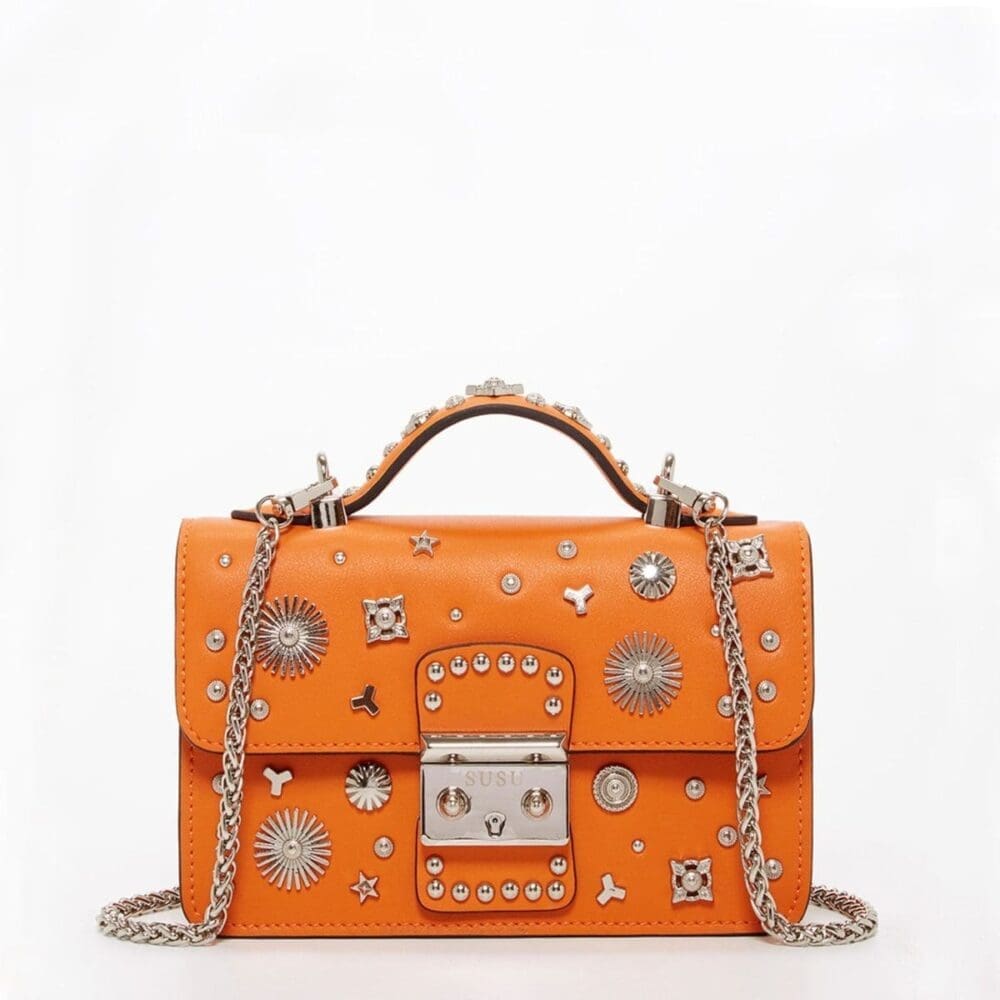 Susu The Hollywood Orange Leather Crossbody Bag Studded